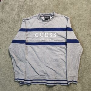 Vintage Guess Mens Striped Grey Blue Pullover Sweater Size Large Y2K